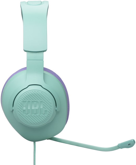 Mentaszínű JBL gaming headset mikrofonnal, fehér háttéren izolálva.