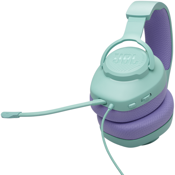 Mentaszöld és lila JBL gaming headset karos mikrofonnal. Fekete háttéren izolálva.