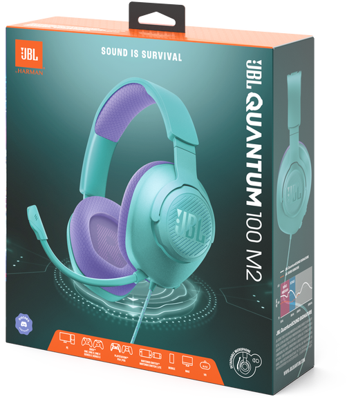 JBL Quantum 100 M2 gaming headset doboz, türkiz és lila fejhallgatóval.