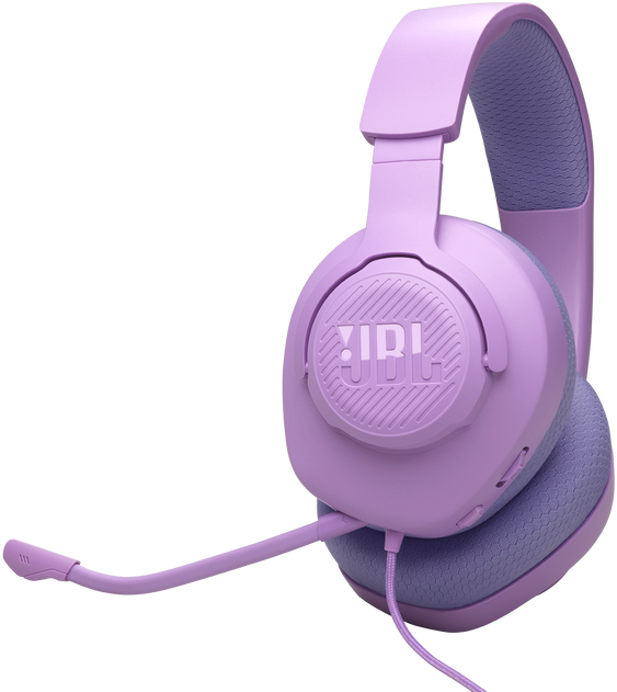 Lila JBL gamer headset mikrofonnal, fekete háttéren.