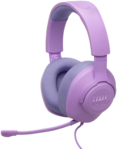 Lila JBL gaming headset mikrofonnal, fehér háttéren izolálva.