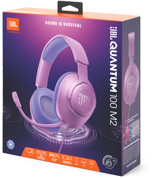 Egy JBL Quantum 100 M2 headset egy dobozban. A doboz rózsaszín és kék.