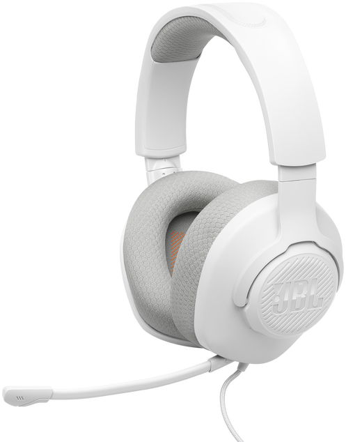 Fehér JBL gaming headset mikrofonnal. Szürke fülhallgatók. Fekete háttér.