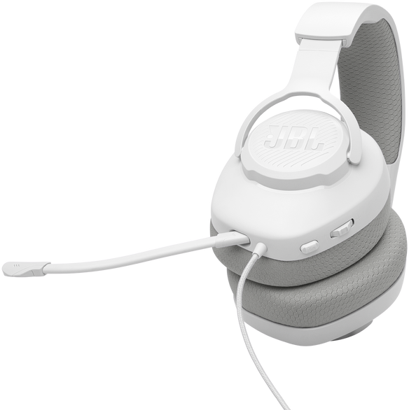 Fehér JBL fejhallgató mikrofonnal fekete háttéren. A fejhallgató szögben van.