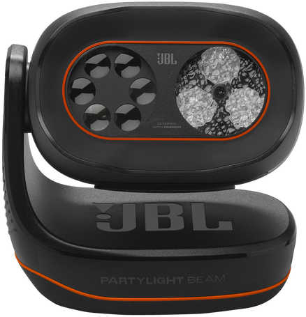 Fekete JBL Party Beam narancssárga díszítéssel. Modern design.