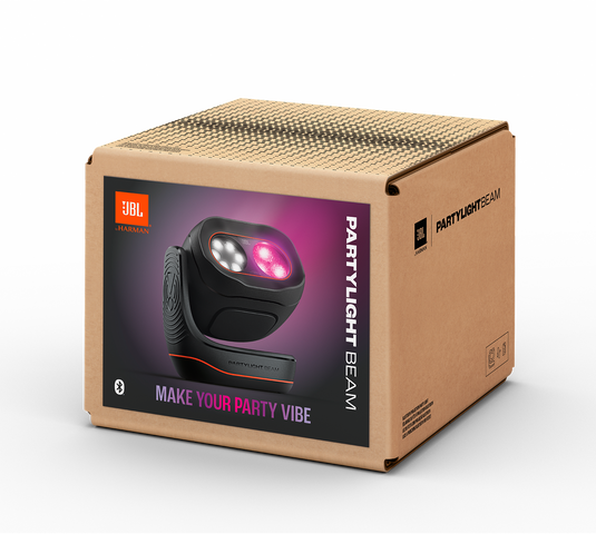 Kartondoboz JBL PartyLight Beam-hez. A doboz a terméket és a márkajelzést mutatja sötét háttér előtt.