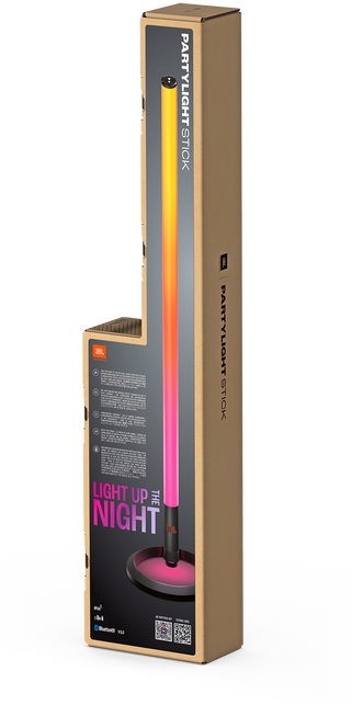 Magas JBL PartyLight Stick dobozban, színes fényátmenetekkel.