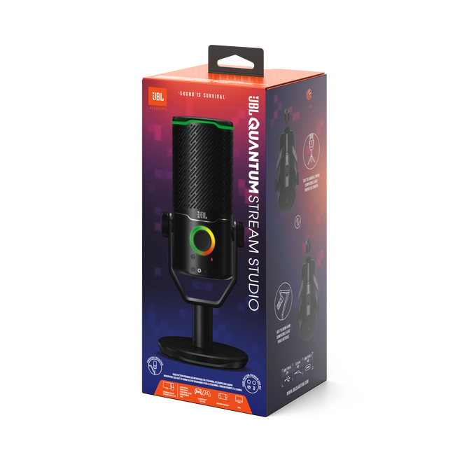 JBL Quantum Stream Studio mikrofon doboz, fekete mikrofon szivárványos díszítéssel.
