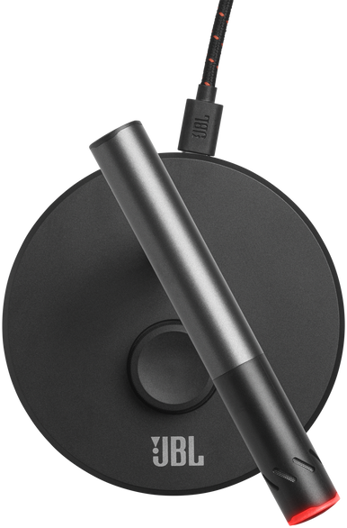 Fekete JBL mikrofon kerek alapon, márkajelzéssel és USB kábellel.