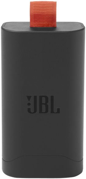 Fekete JBL hangszóró narancssárga pánttal, fehér háttér előtt.