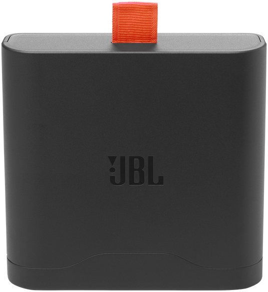 Fekete hangszórótok narancssárga pánttal és 'JBL' logóval. Fehér háttér.