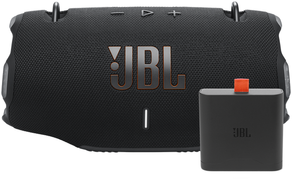 Fekete JBL hangszóró és fekete töltőállomás narancssárga díszítéssel.