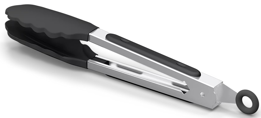 Czarne i srebrne szczypce, z czarnymi silikonowymi uchwytami.