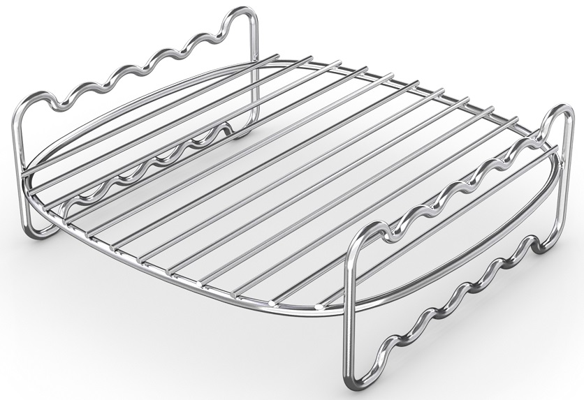 Błyszczący, chromowany grill z zakrzywionymi końcami, widok na białym tle.