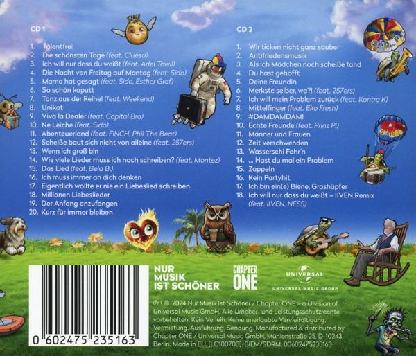 Albumcover mit zwei CDs mit Songtiteln, Cartoonfiguren und grünem Hintergrund.