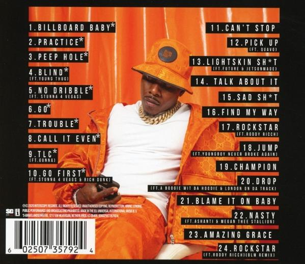 Albumcover mit DaBaby in orangefarbener Kleidung und Titelliste.