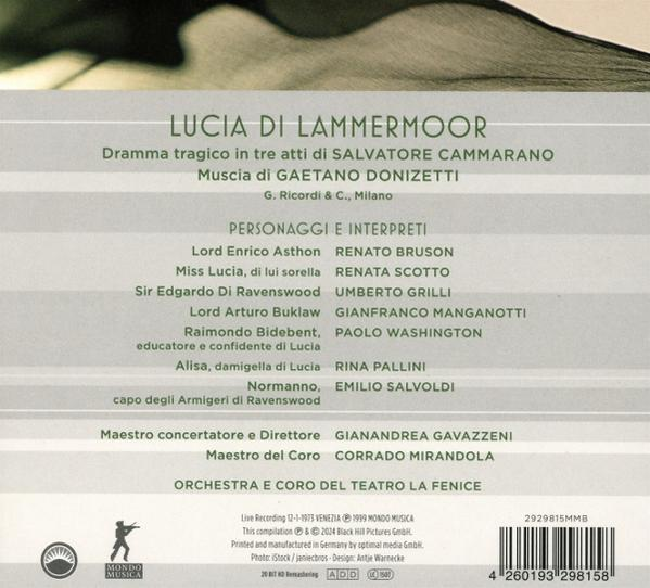 Lucia Di Lammermoor Operndetails auf einer CD-Hülle, mit einer Liste von Charakteren und Interpreten.