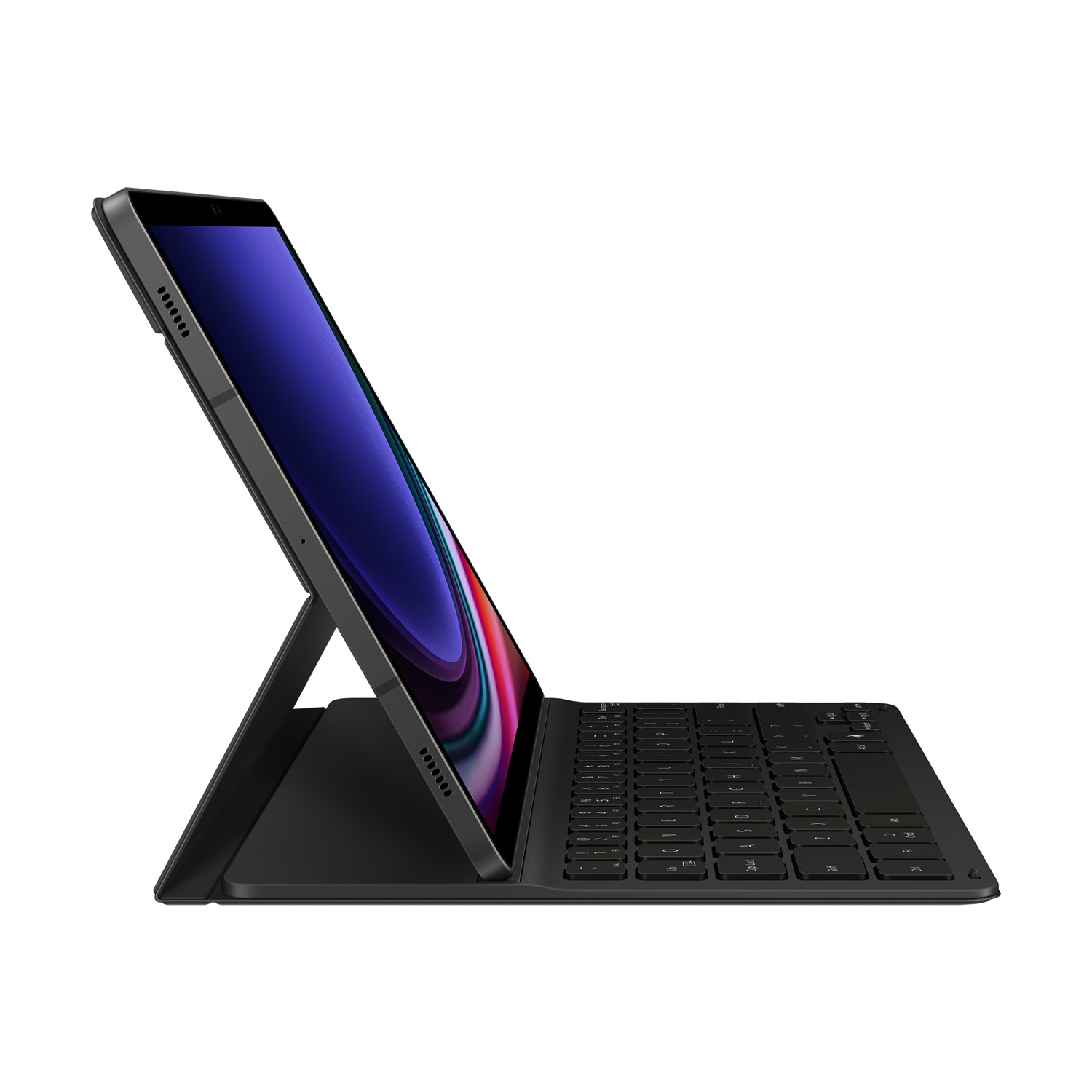 Un tablet nero con custodia per tastiera, appoggiato ad angolo, che mostra uno schermo colorato.