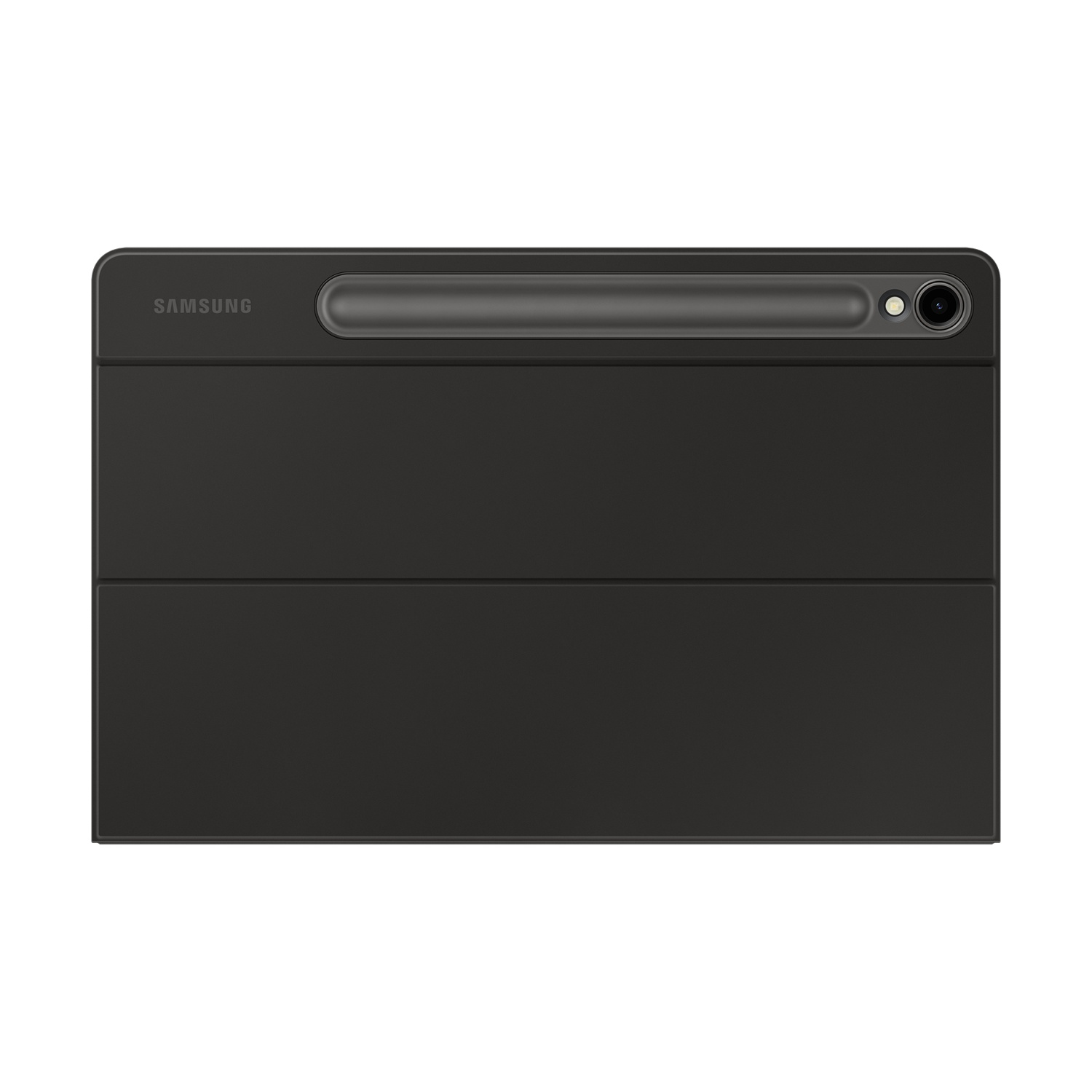 Custodia nera per tablet Samsung, chiusa, con fotocamera e porta stilo.