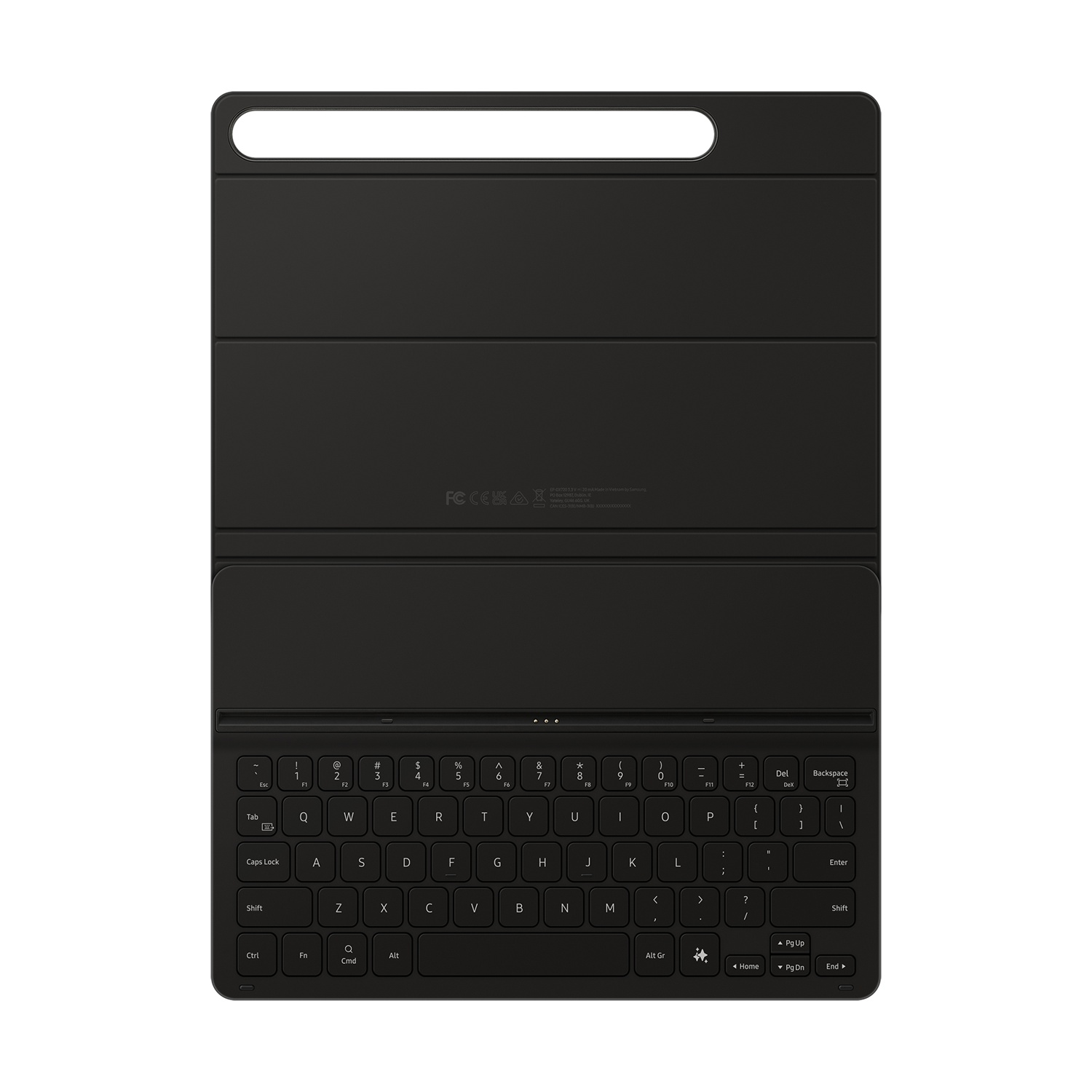 Custodia per tastiera per tablet nera, aperta, con tasti e chiusura magnetica.