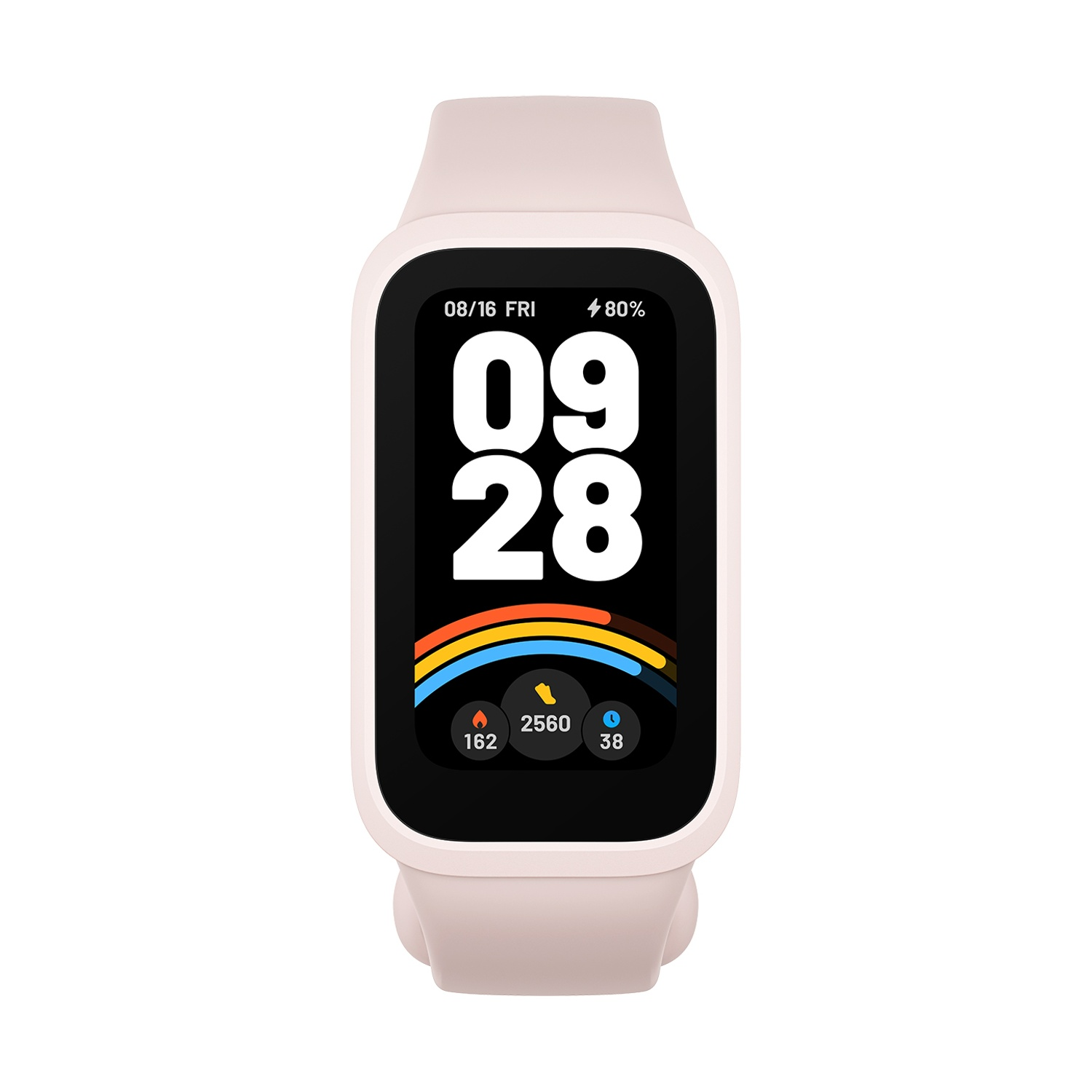 Uno smartwatch rosa che mostra ora, data e dati sanitari.