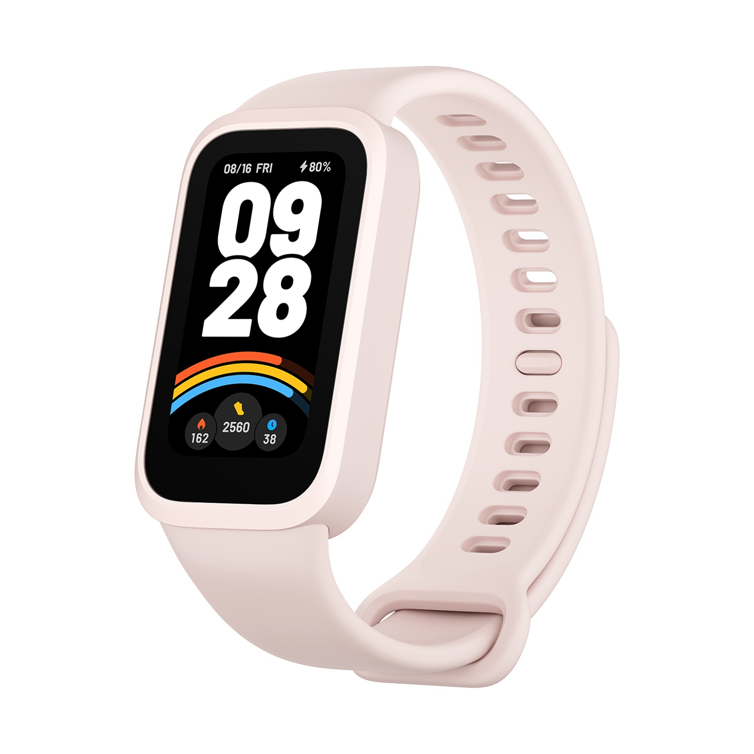 Tracker fitness rosa al polso, mostra ora e metriche salute, con display colorato.