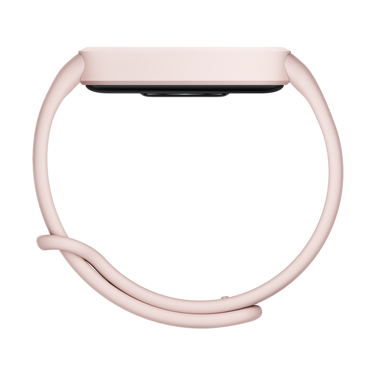 Smartwatch rosa, primo piano della parte superiore dell'orologio e del cinturino che si avvolge.