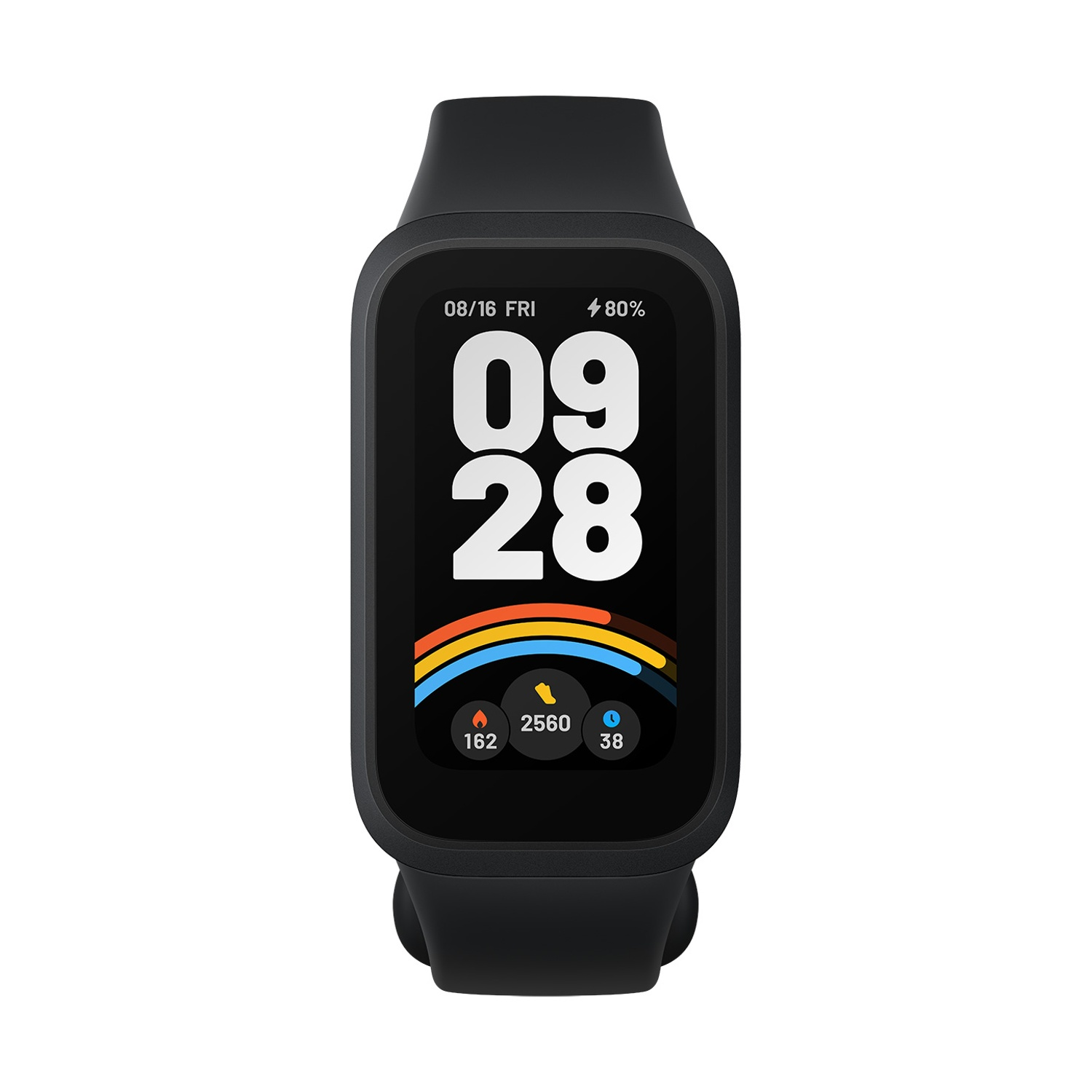 Smartwatch nero con schermo rettangolare, mostra ora e dati.