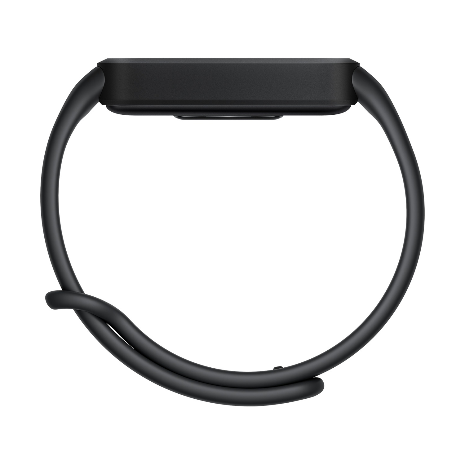 Un fitness tracker nero su sfondo bianco, visto dall'alto.