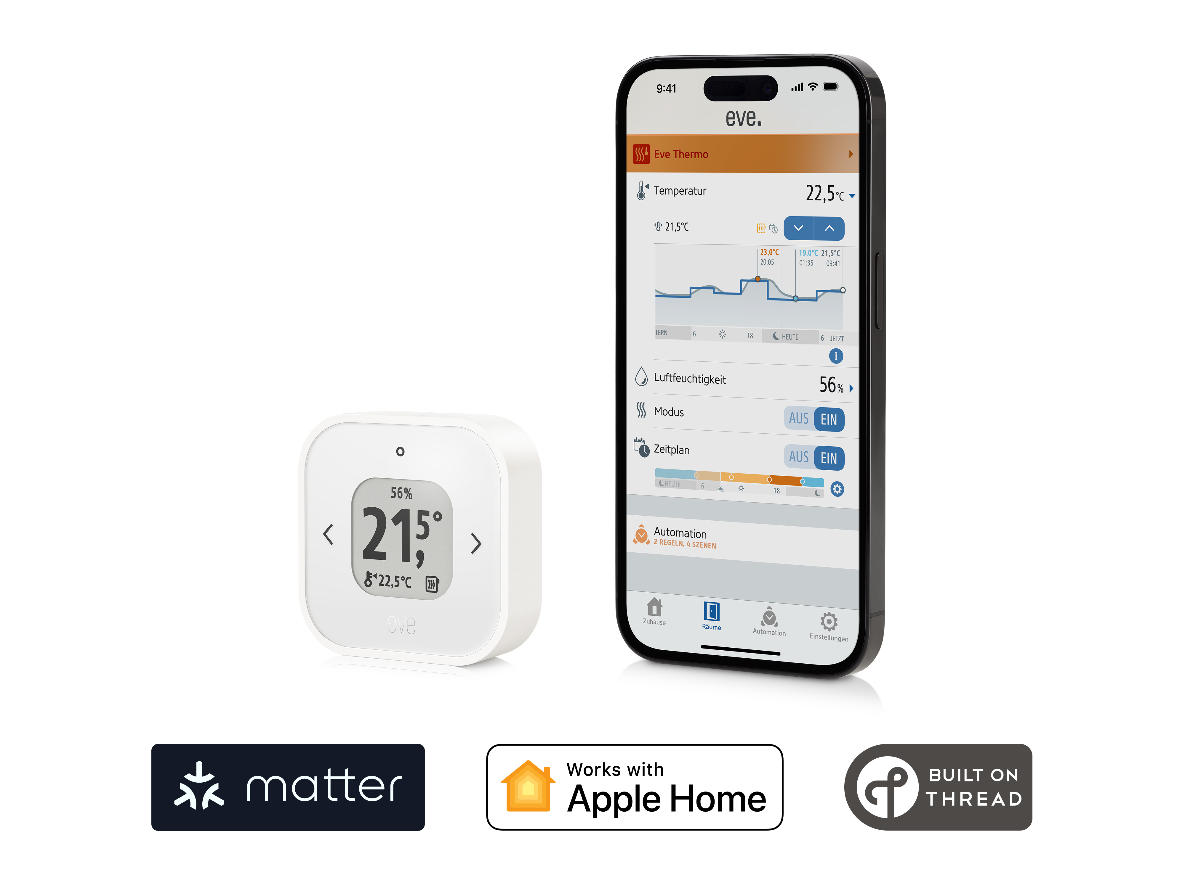 Ein smarter Thermostat und ein Smartphone, das Temperatur und Einstellungen anzeigt.