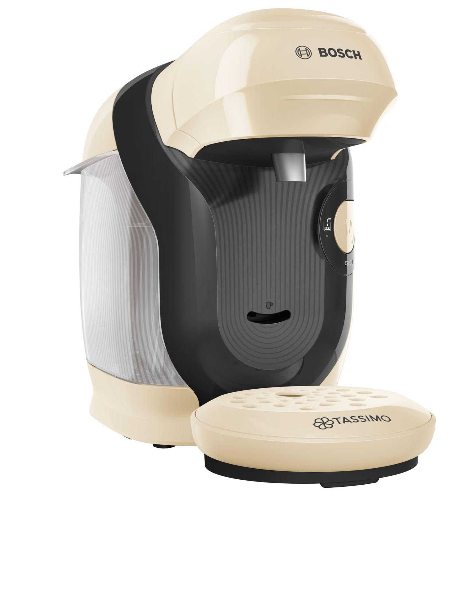 Eine beige-schwarze Tassimo Kaffeemaschine mit Wassertank.