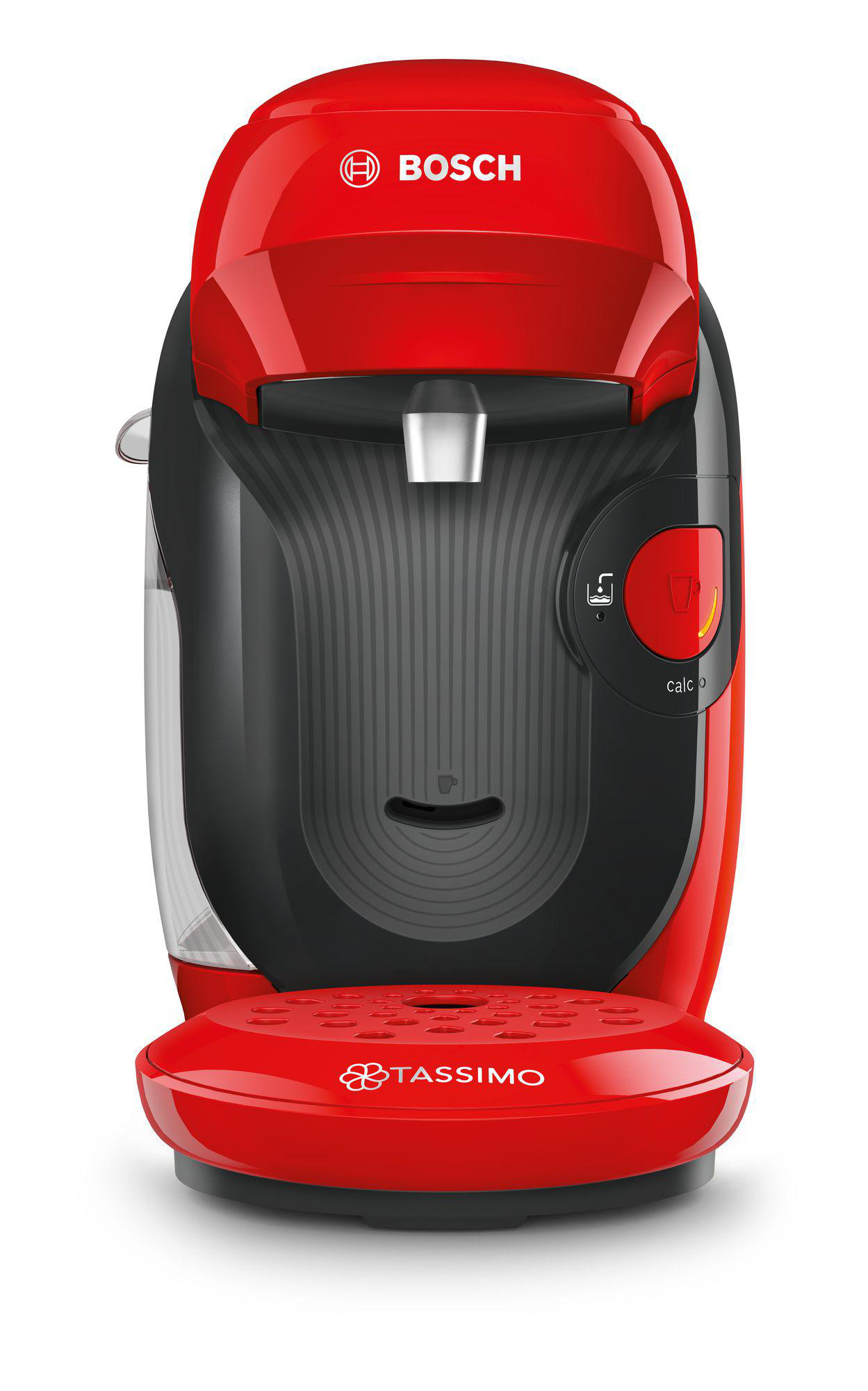 Rote und schwarze Kaffeemaschine. Hat Tasten zur Bedienung und einen Wassertank.