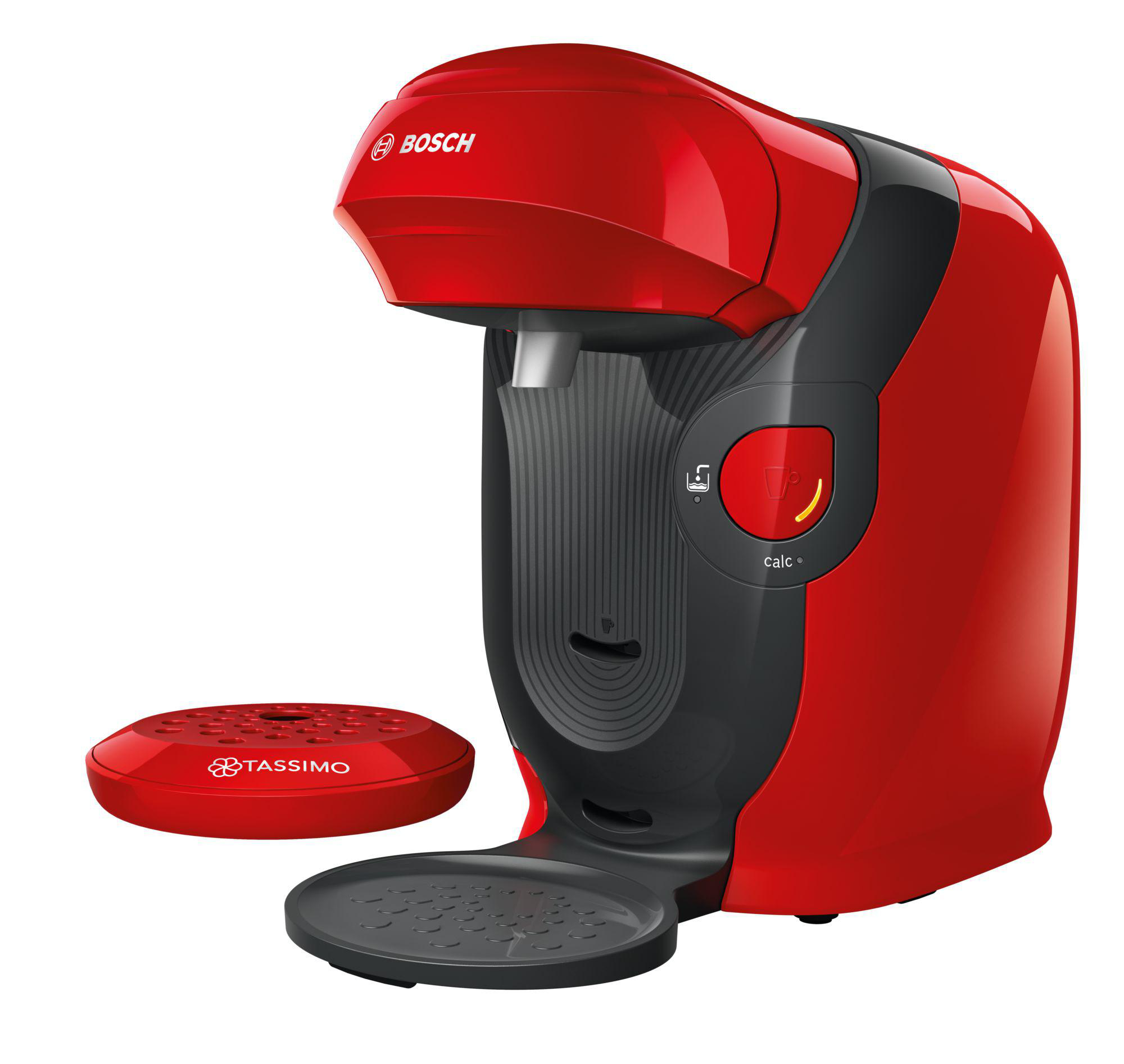 Rote Bosch Tassimo Kaffeemaschine mit Getränkeablage und rotem Tassenhalter.