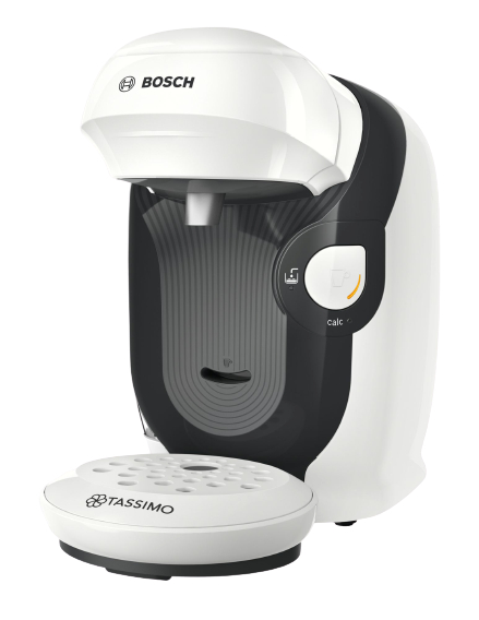 Weiße und schwarze Tassimo Kaffeemaschine, weißer Sockel.
