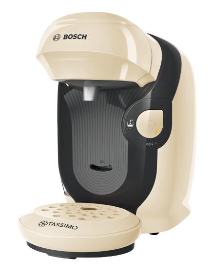 Creme- und schwarze Bosch Tassimo Kaffeemaschine, mit einer Tassenablage.