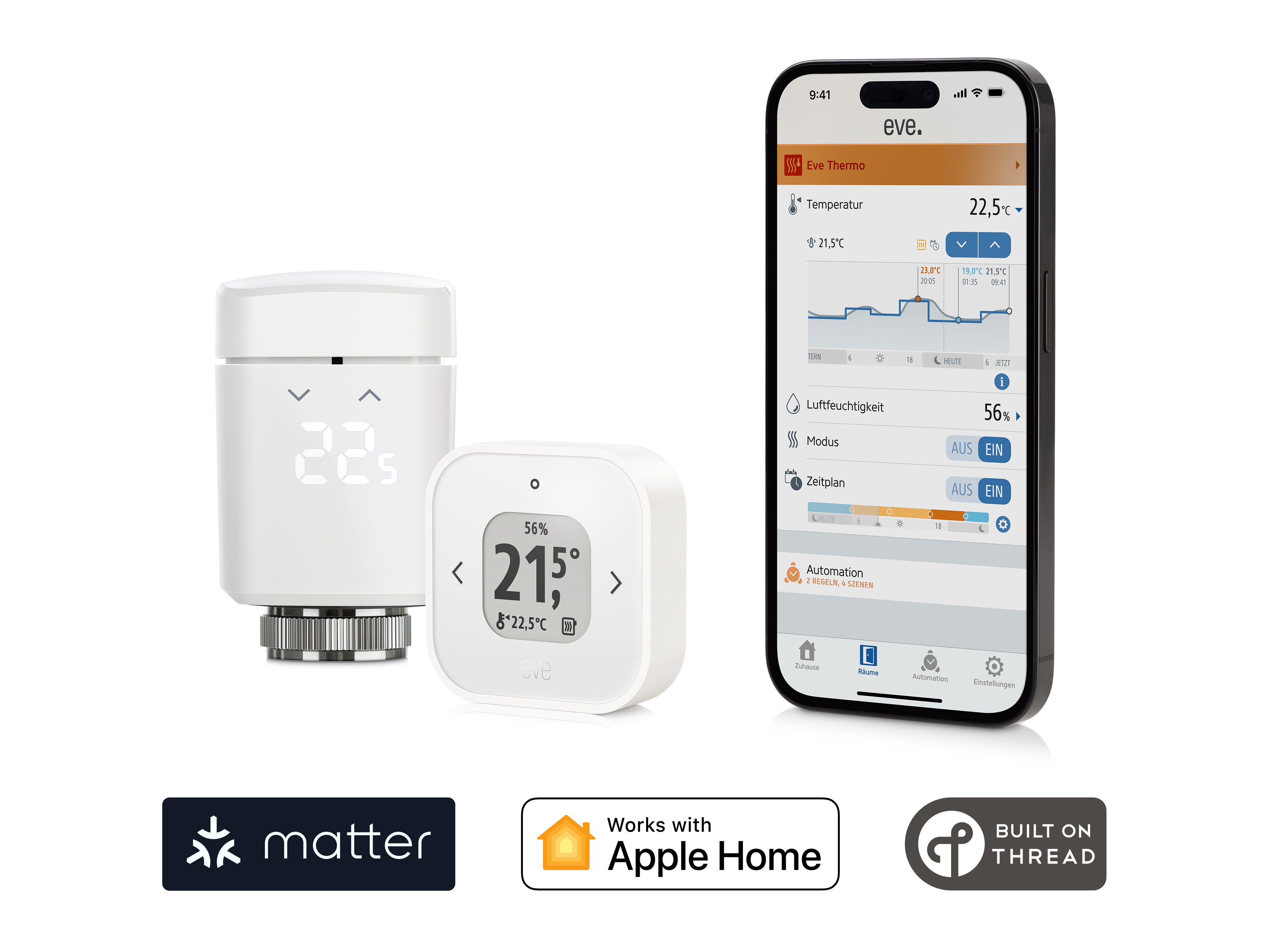 Smart-Home-Geräte, darunter ein Thermostat und ein Telefon, das die App-Oberfläche zeigt.