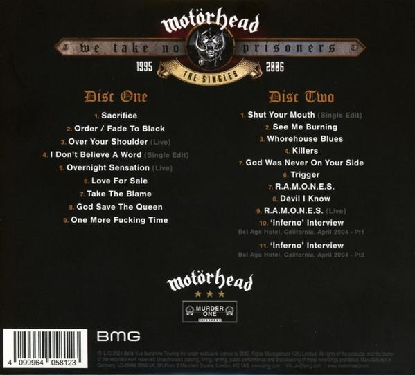 Rückseite einer Motorhead-CD, mit Titelliste und weiteren Details, Bandlogo und Text.