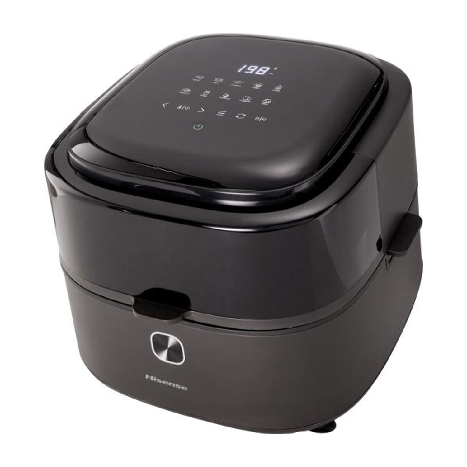 Friggitrice ad aria nera su sfondo bianco, con display digitale.