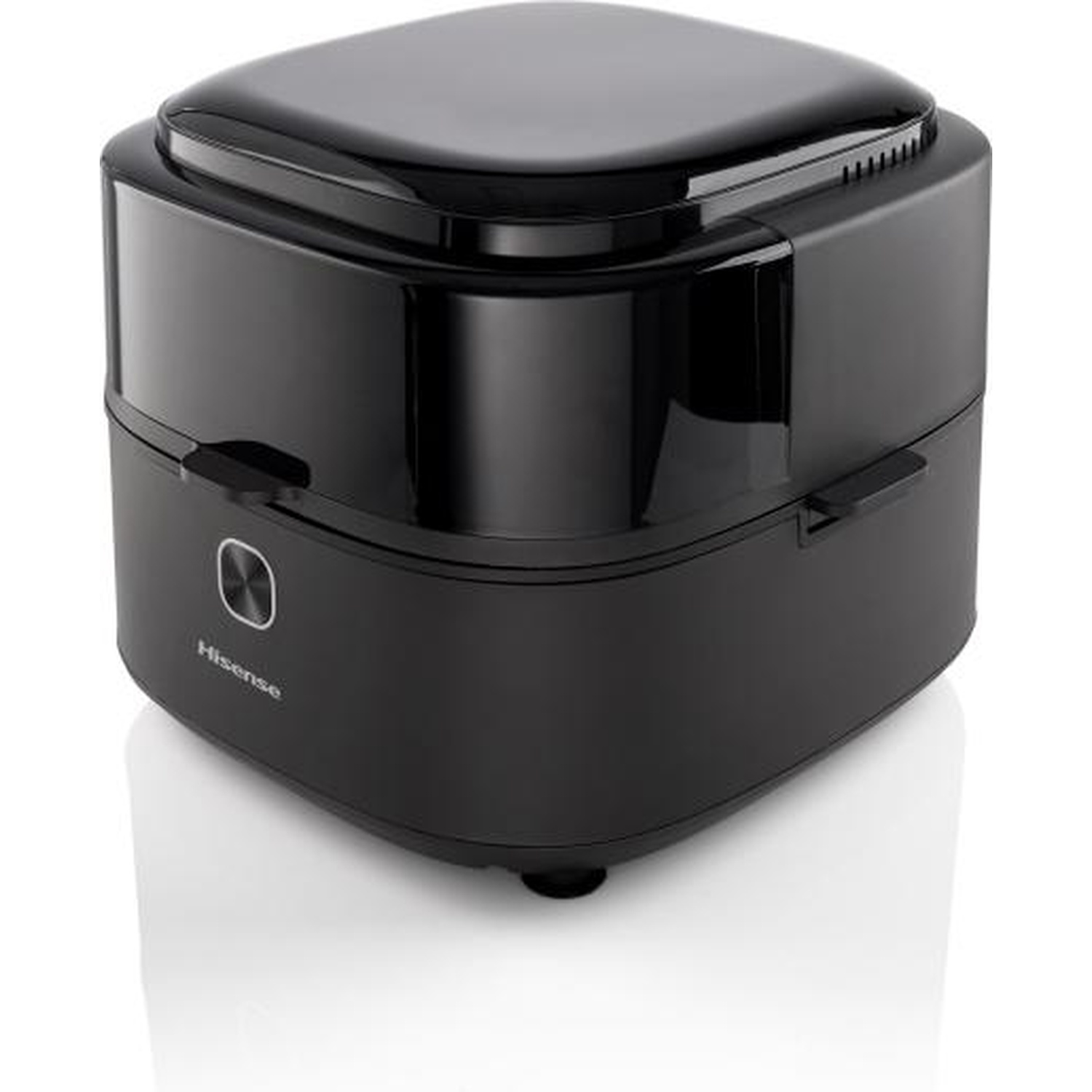 Contenitore per alimenti Hisense nero con parte superiore arrotondata e un pulsante.