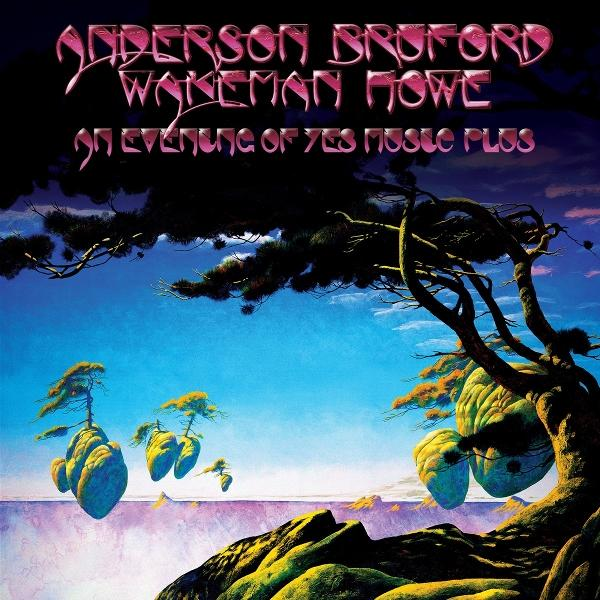 Albumcover von Anderson, Bruford, Wakeman, Howe. Zeigt eine surreale Landschaft mit schwebenden Inseln und Bäumen.
