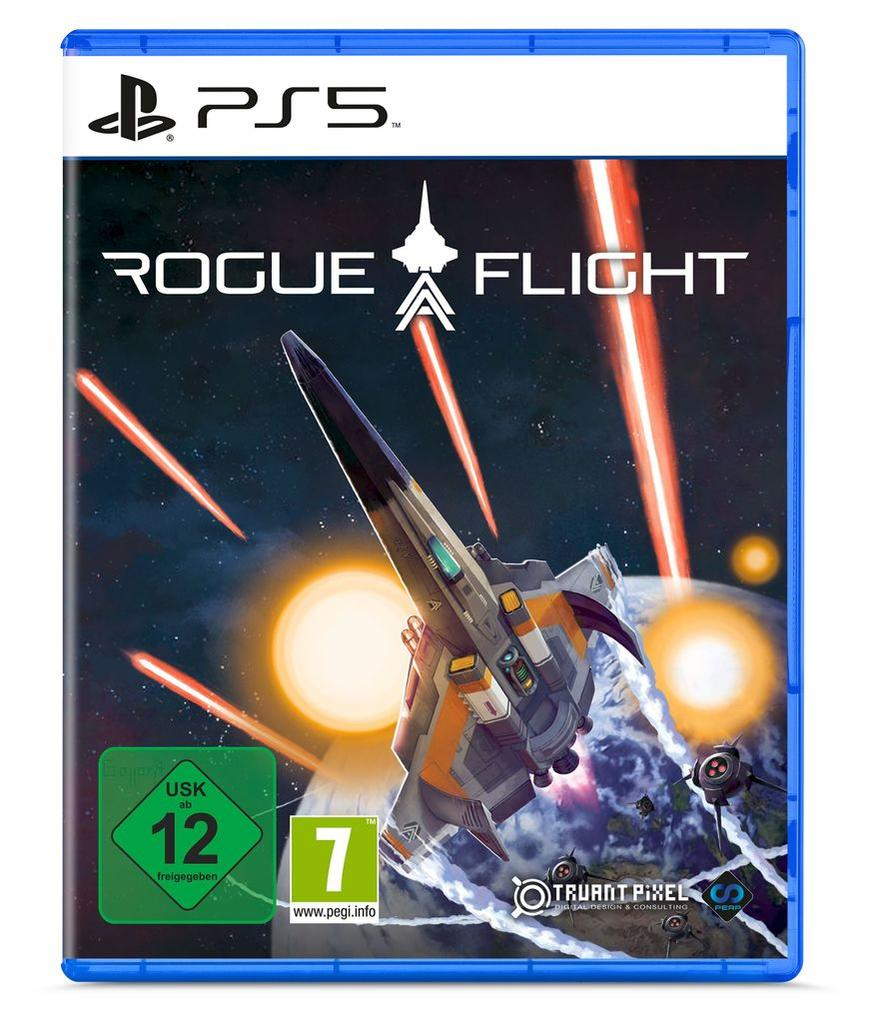 PS5-Spielcover: 'Rogue Flight' mit Raumschiff, Planeten und Lasern.