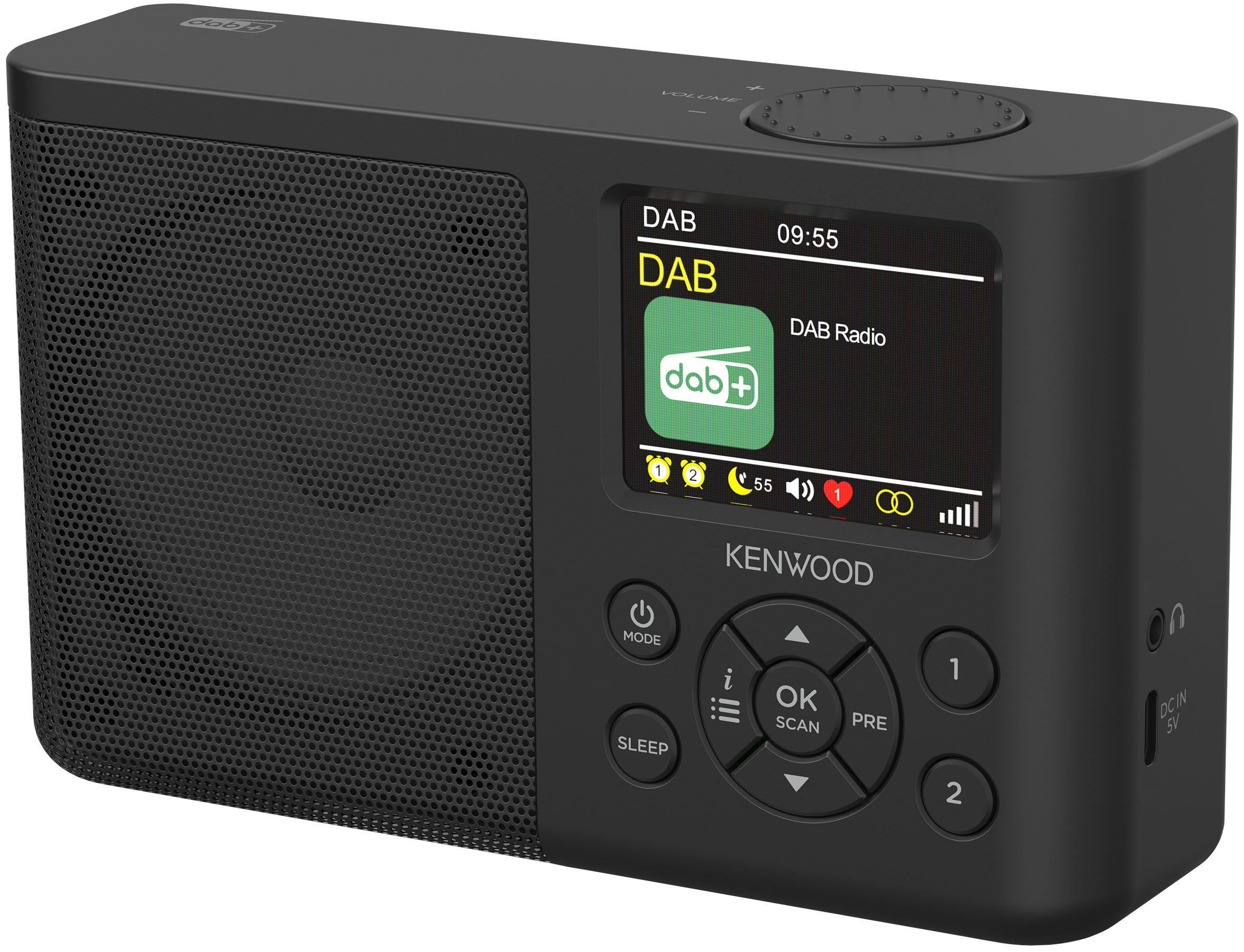 Schwarzes Kenwood DAB-Radio. Digitalanzeige zeigt DAB-Radio-Infos. Knöpfe und ein Drehregler.