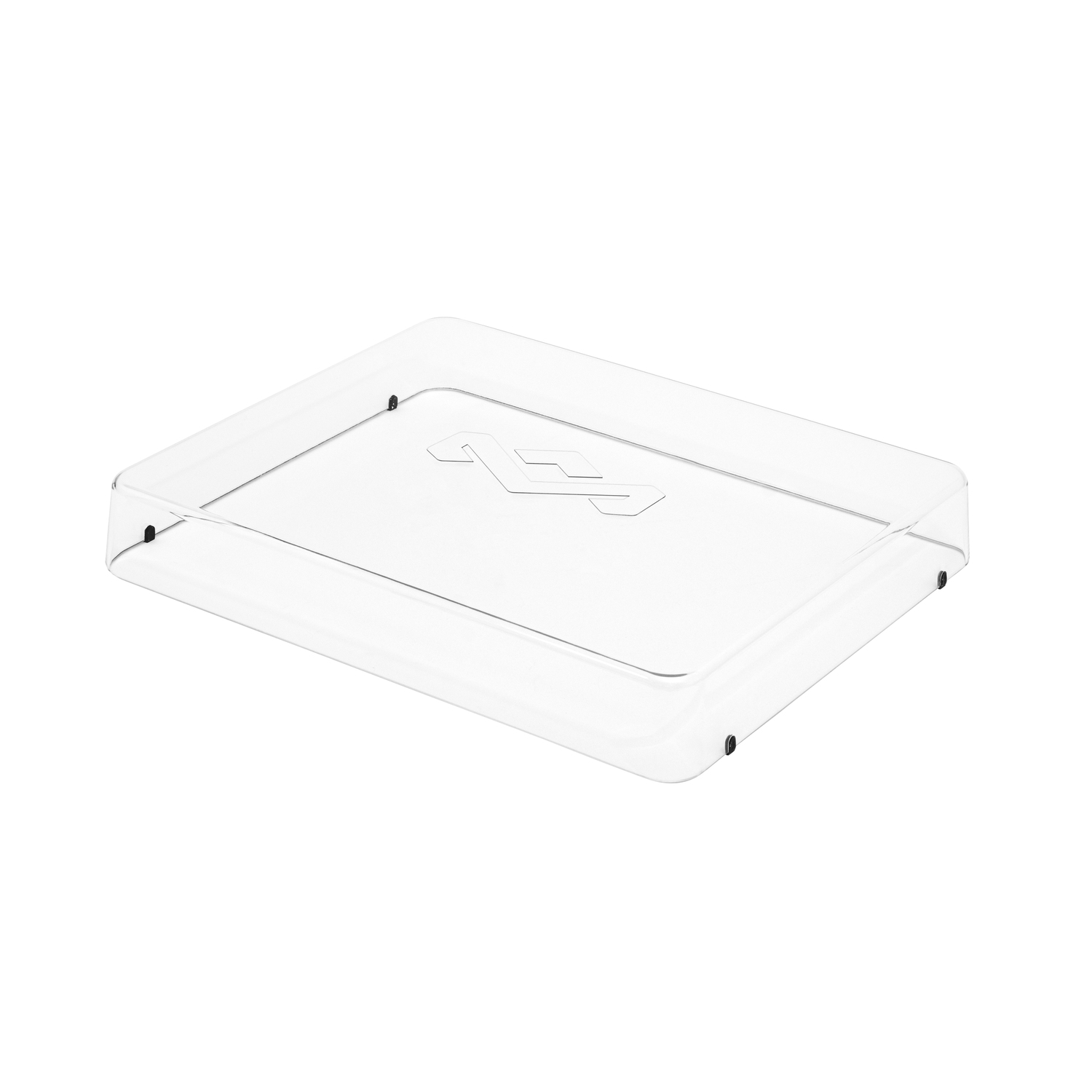 Cache-poussière en plastique transparent pour platine vinyle. Le couvercle est rectangulaire avec des coins arrondis.