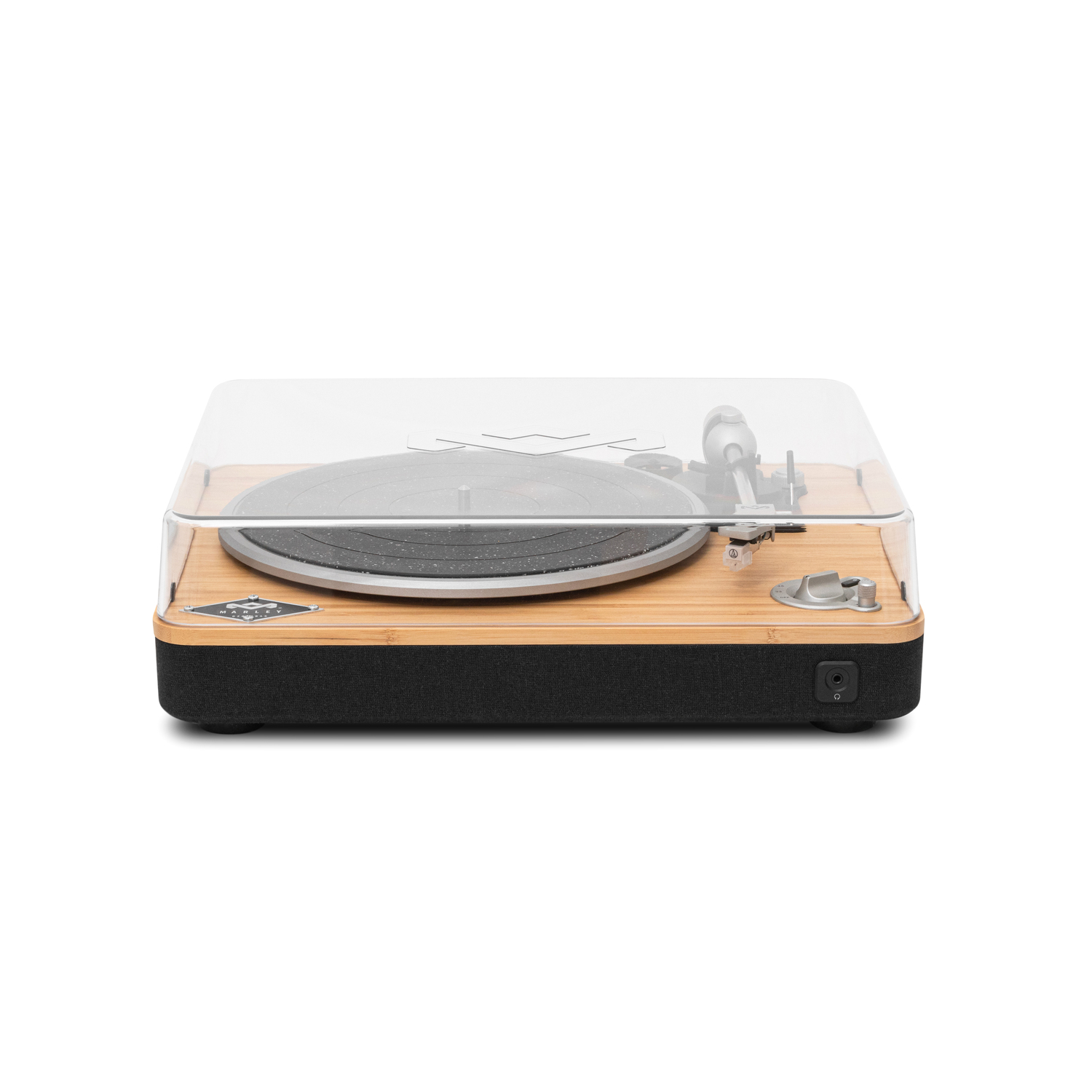 Platine vinyle avec couvercle transparent, base en bois et disque noir.