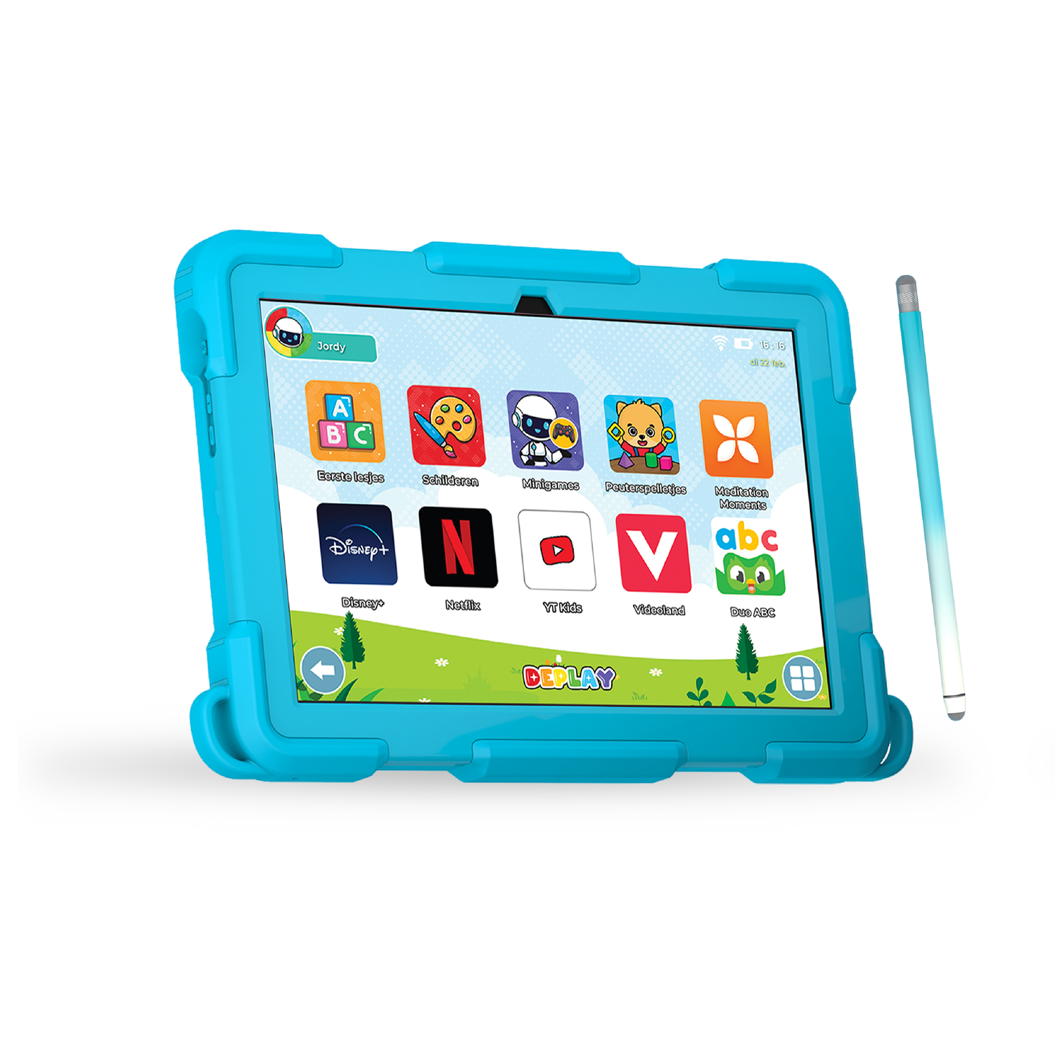 Blue tablet with screen showing apps and a stylus pen, on a white background.
