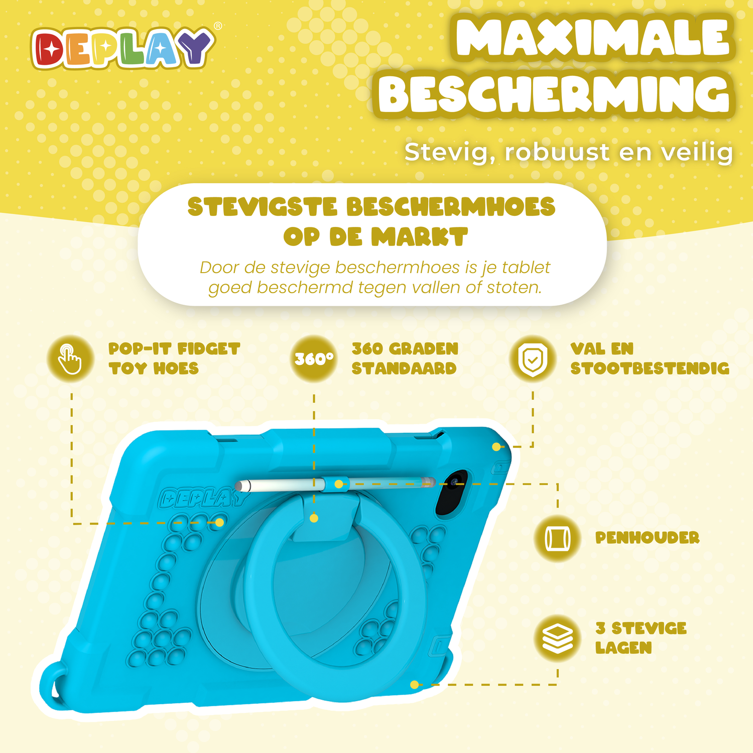 A light blue tablet case with a blue ring holder and yellow text.  Pop-it toy hoes.