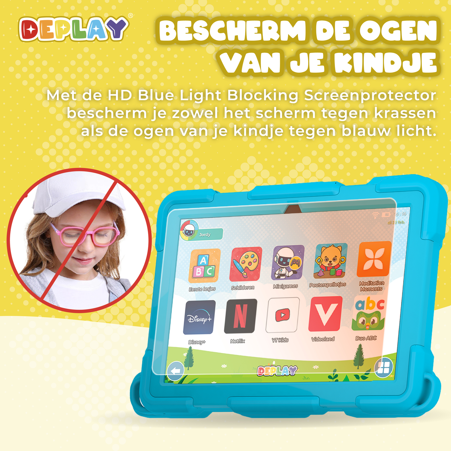 A blue tablet with a screen protector. A child wearing glasses is shown with a red circle.