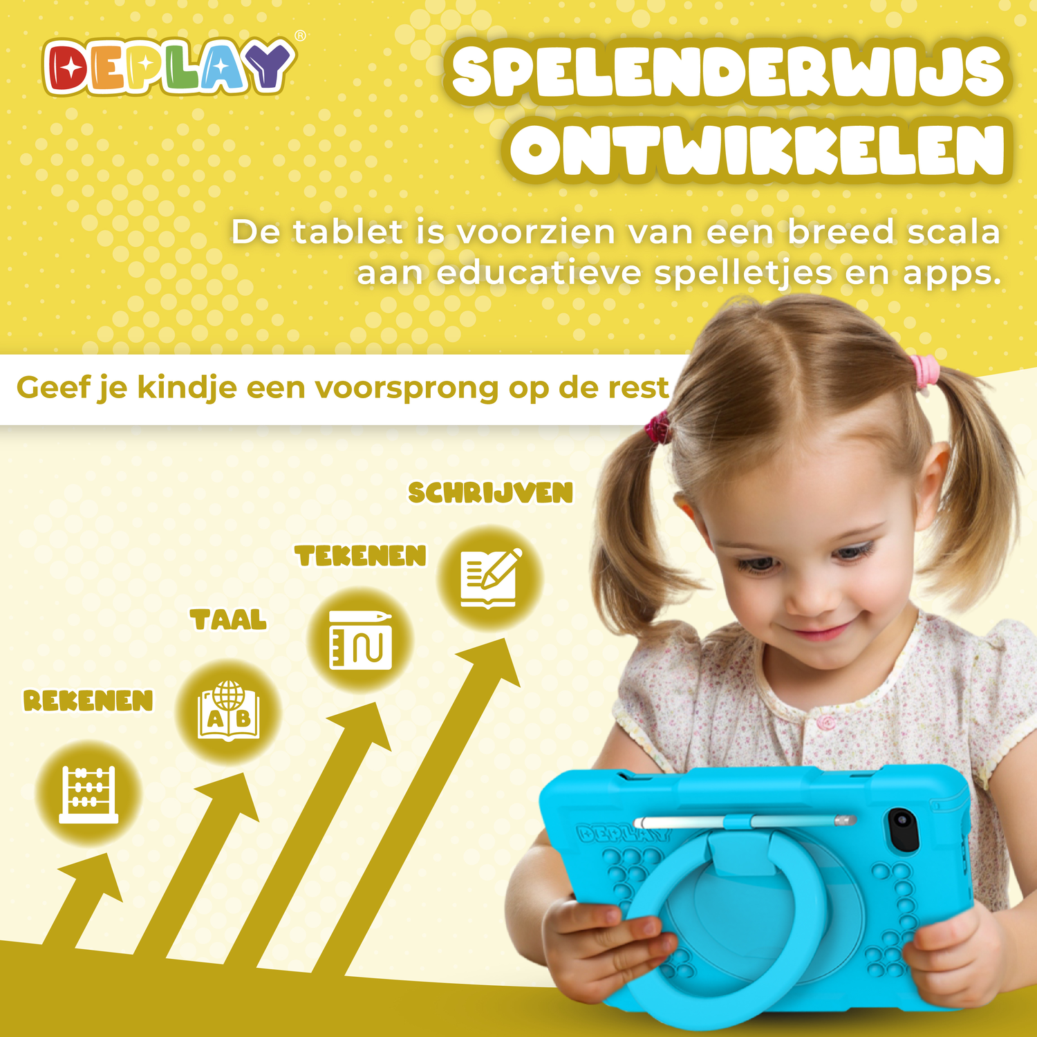 A girl with pigtails uses a blue tablet. Arrows point to educational icons on a yellow background.