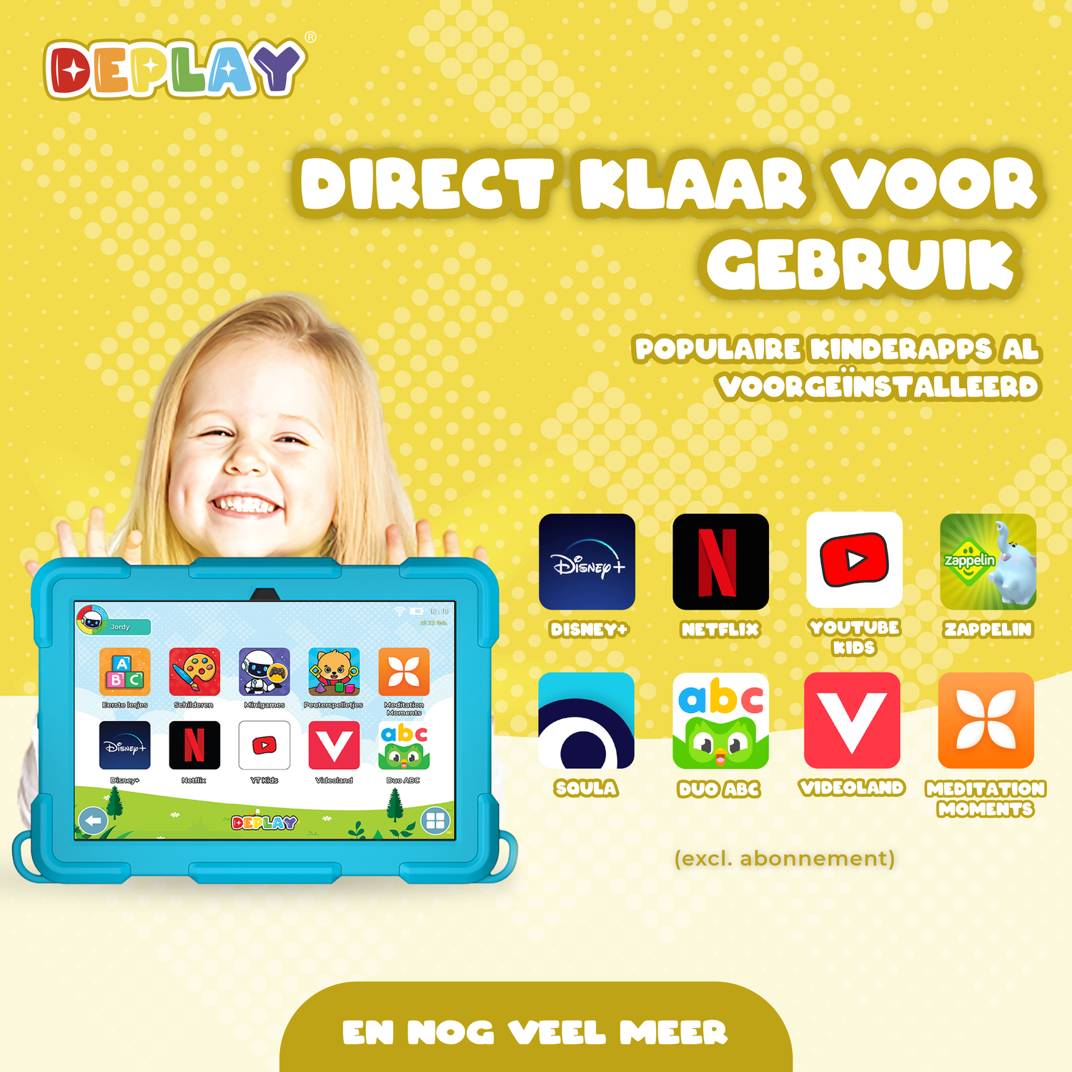 A child with a tablet displaying various apps, with text 'DIRECT KLAAR VOOR GEBRUIK' and app logos.