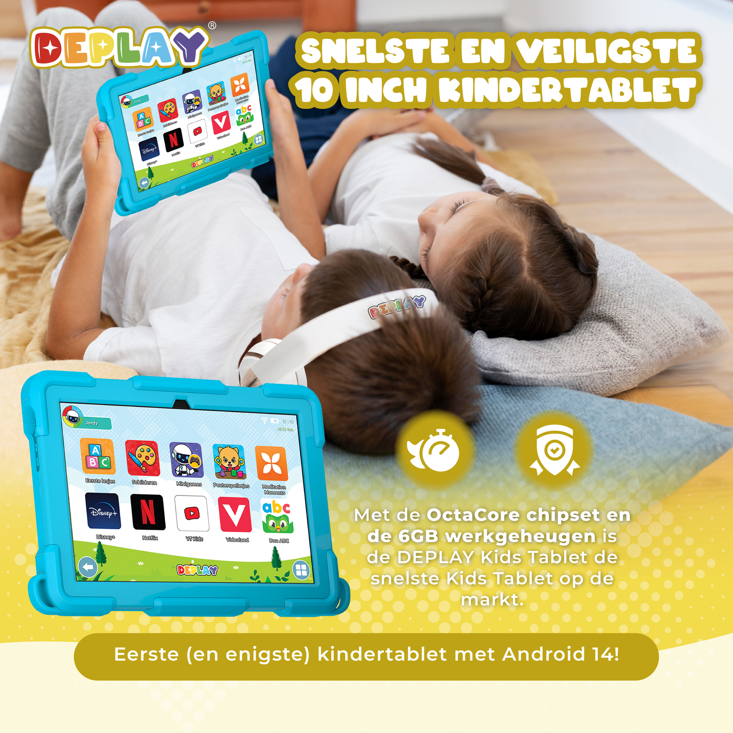 Two children are lying down with tablets. The tablets are blue and have a screen protector.